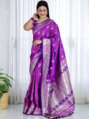 Purple ethnic motifs woven design zari banarasi saree 2