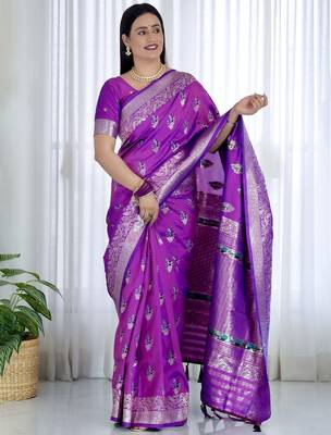 Purple ethnic motifs woven design zari banarasi saree 3