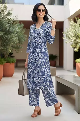 Blue printed co-ord set for women
