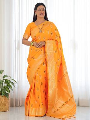 Yellow ethnic motifs woven design zari banarasi saree 1