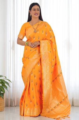 Yellow ethnic motifs woven design zari banarasi saree