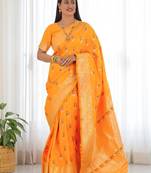 Yellow ethnic motifs woven design zari banarasi saree
