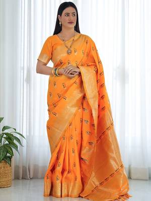 Yellow ethnic motifs woven design zari banarasi saree 2