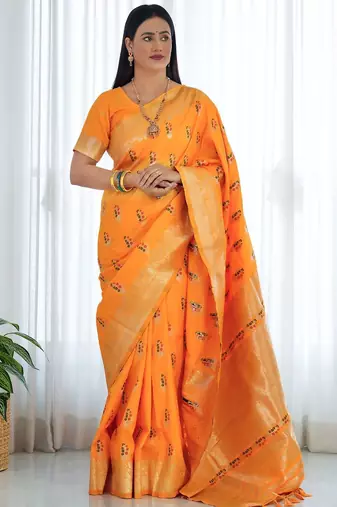 Yellow ethnic motifs woven design zari banarasi saree