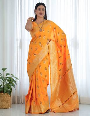 Yellow ethnic motifs woven design zari banarasi saree 3