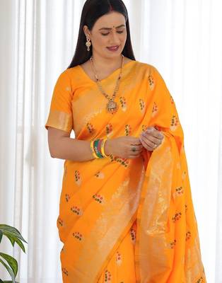 Yellow ethnic motifs woven design zari banarasi saree 4