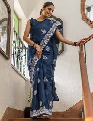 Blue floral kutchi embroidery muga saree 1