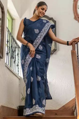 Blue floral kutchi embroidery muga saree