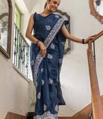Blue floral kutchi embroidery muga saree
