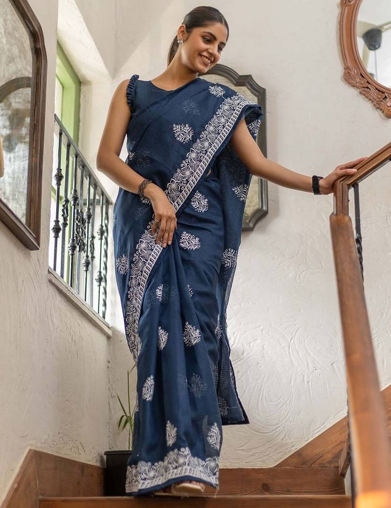 Blue floral kutchi embroidery muga saree