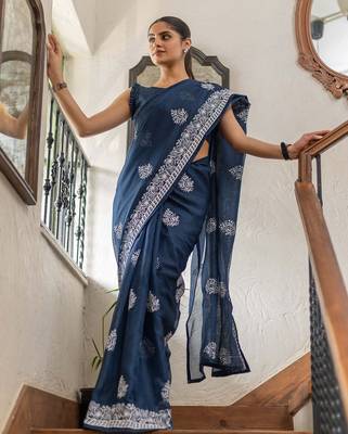 Blue floral kutchi embroidery muga saree 2