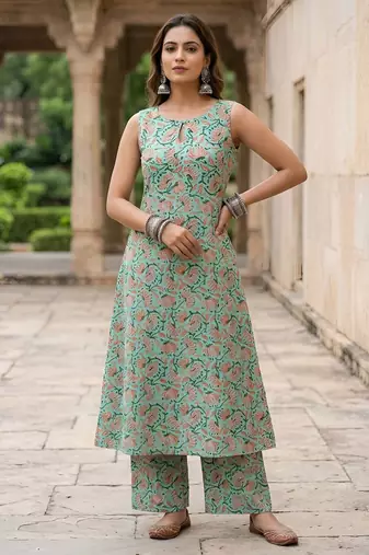 Green printed co-ord set for women