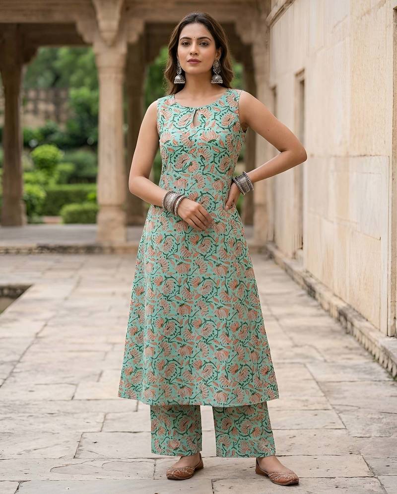 Green printed co-ord set for women