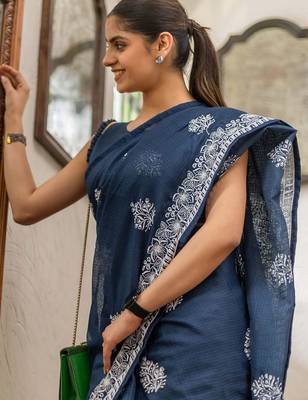 Blue floral kutchi embroidery muga saree 4