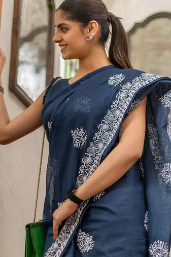 Blue floral kutchi embroidery muga saree