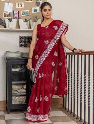 Red floral kutchi embroidery muga saree 1