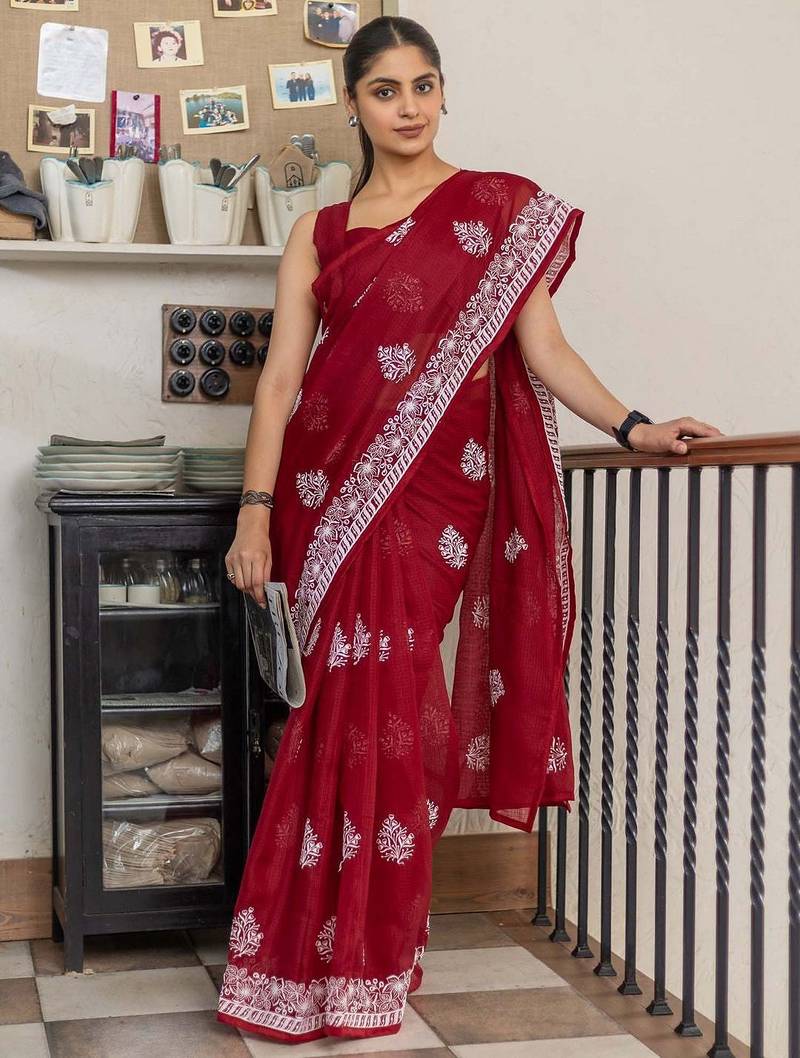 Red floral kutchi embroidery muga saree