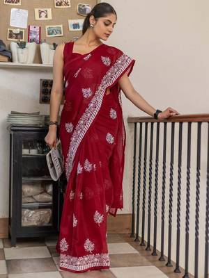 Red floral kutchi embroidery muga saree 2