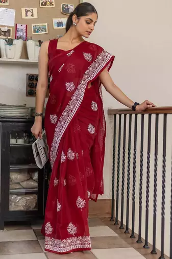 Red floral kutchi embroidery muga saree