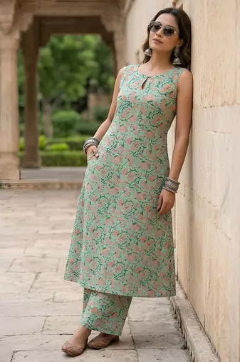 Green printed co-ord set for women