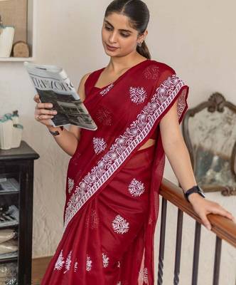 Red floral kutchi embroidery muga saree 3