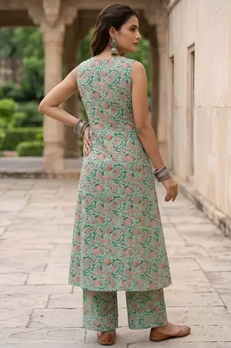 Green printed co-ord set for women
