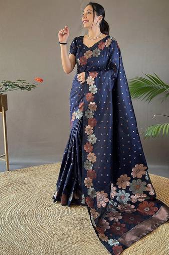 Blue woven design zari silk cotton banarasi saree
