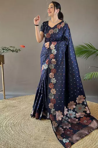 Blue woven design zari silk cotton banarasi saree