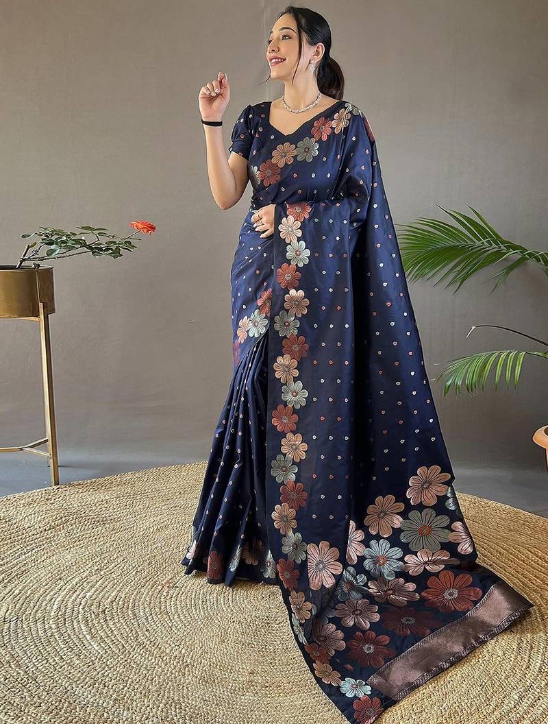 Blue woven design zari silk cotton banarasi saree