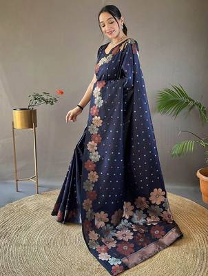Blue woven design zari silk cotton banarasi saree 2