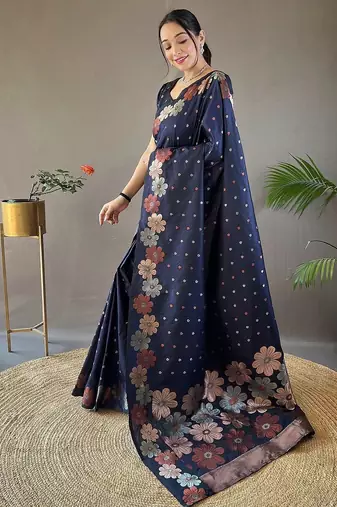 Blue woven design zari silk cotton banarasi saree