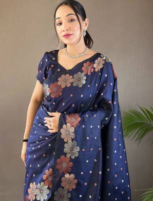 Blue woven design zari silk cotton banarasi saree 3