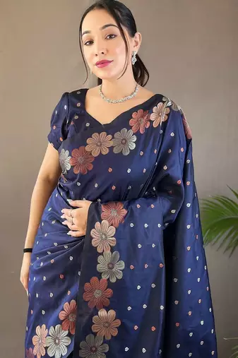 Blue woven design zari silk cotton banarasi saree