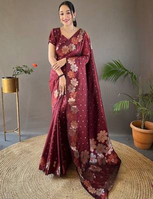 Maroon woven design zari silk cotton banarasi saree 1