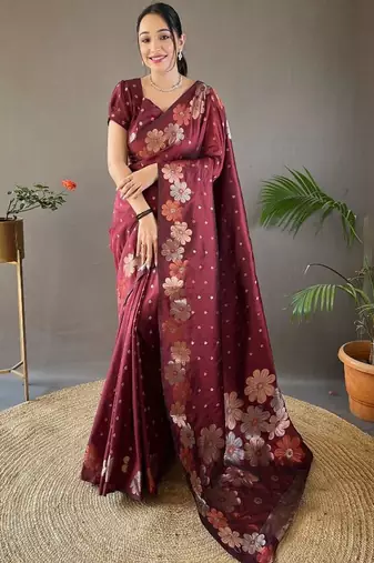 Maroon woven design zari silk cotton banarasi saree