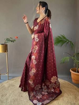 Maroon woven design zari silk cotton banarasi saree 2