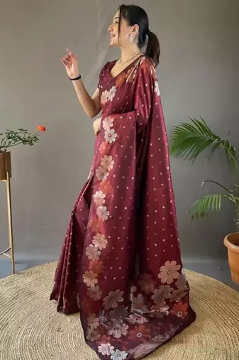 Maroon woven design zari silk cotton banarasi saree
