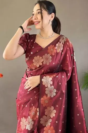 Maroon woven design zari silk cotton banarasi saree