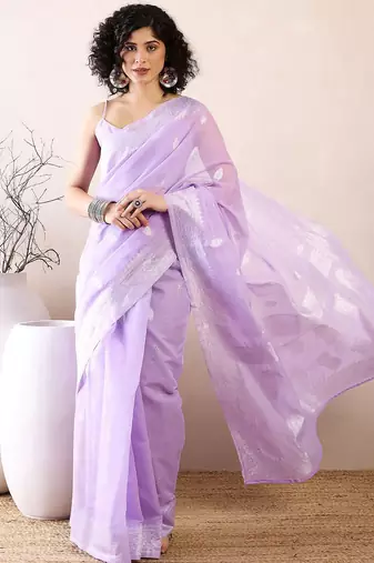 Lavender ethnic motifs woven design zari ready to wear banarasi saree
