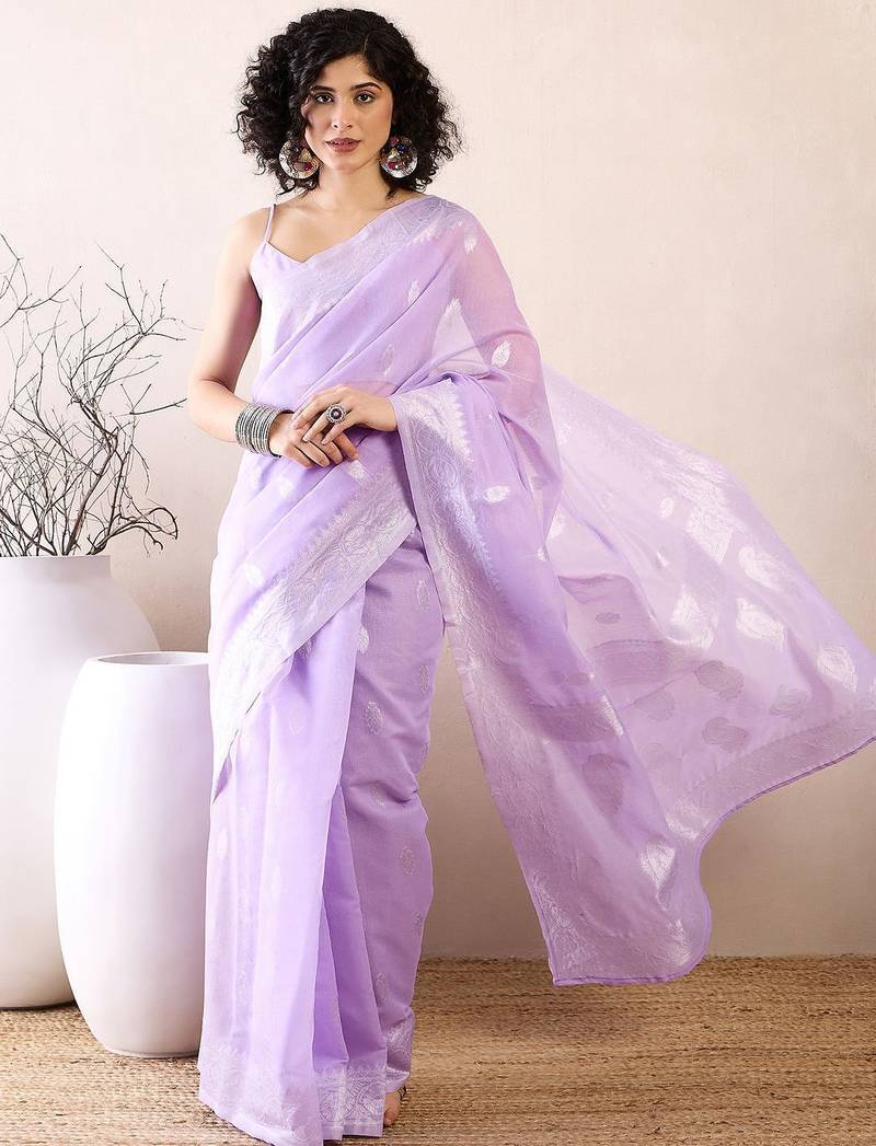 Lavender ethnic motifs woven design zari ready to wear banarasi saree