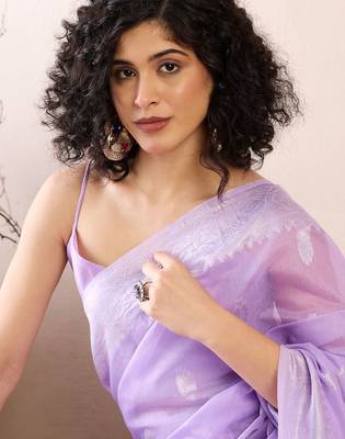 Lavender ethnic motifs woven design zari ready to wear banarasi saree 2