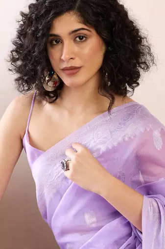 Lavender ethnic motifs woven design zari ready to wear banarasi saree