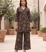 Brown printed straight co-ords set for women