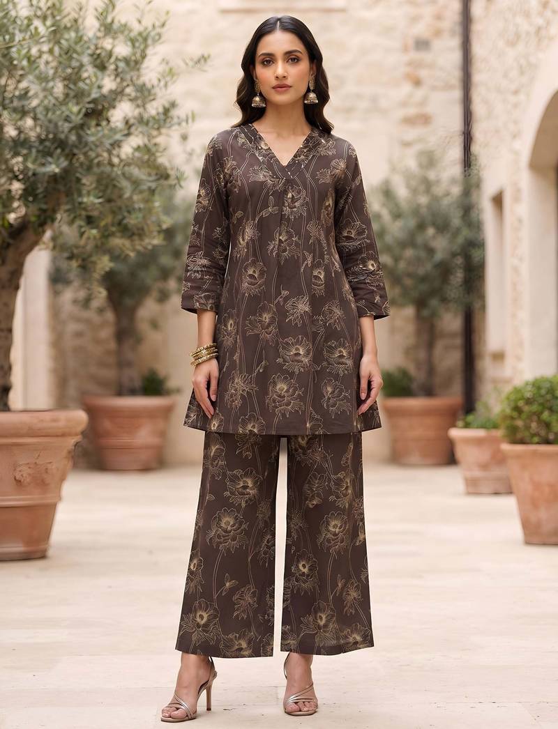 Brown printed straight co-ords set for women
