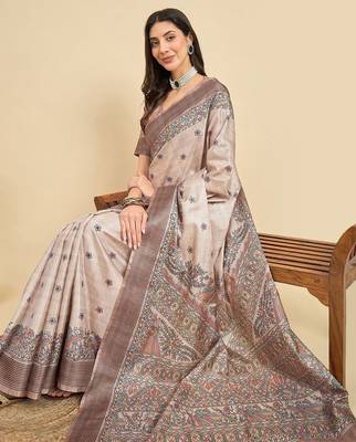 Beige floral silk blend designer tussar saree 1