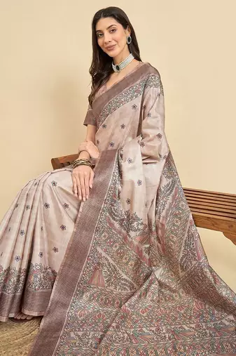 Beige floral silk blend designer tussar saree