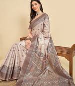 Beige floral silk blend designer tussar saree