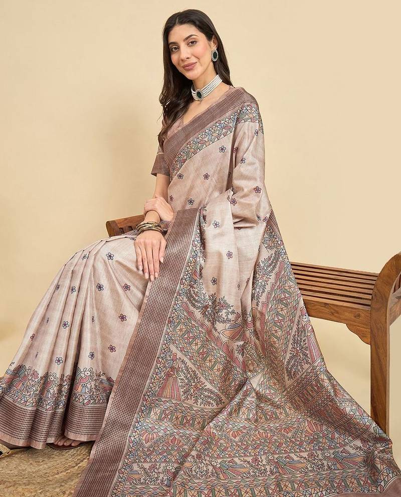 Beige floral silk blend designer tussar saree