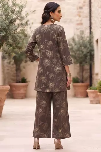 Brown printed straight co-ords set for women