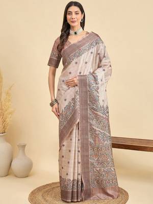 Beige floral silk blend designer tussar saree 2